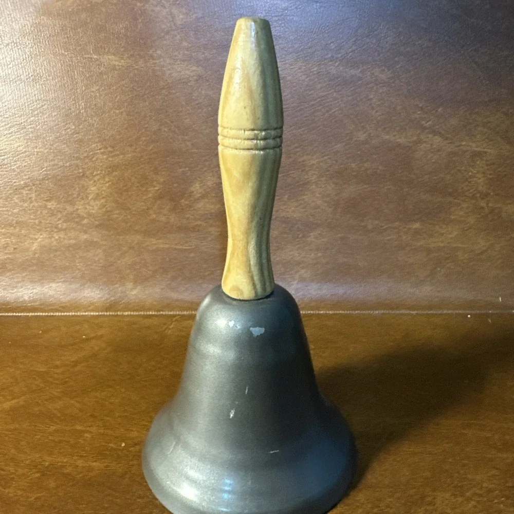 Vintage Retired Metal Hand Held Dept 56 Desk Bell Wood Handle Metal Tone